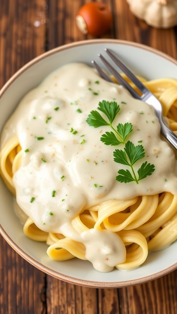 A bowl of creamy cauliflower Alfredo sauce over fettuccine pasta, garnished with parsley on a rustic table.
